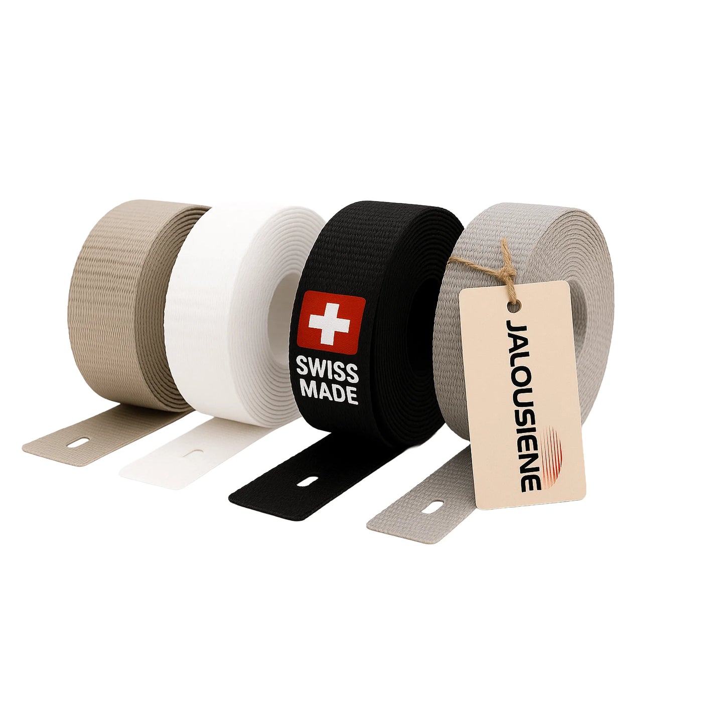 Mehrere Rollladengurte im Vergleich – 12 mm, 14 mm und 23 mm – mit Jalousiene Logo und Swiss Made