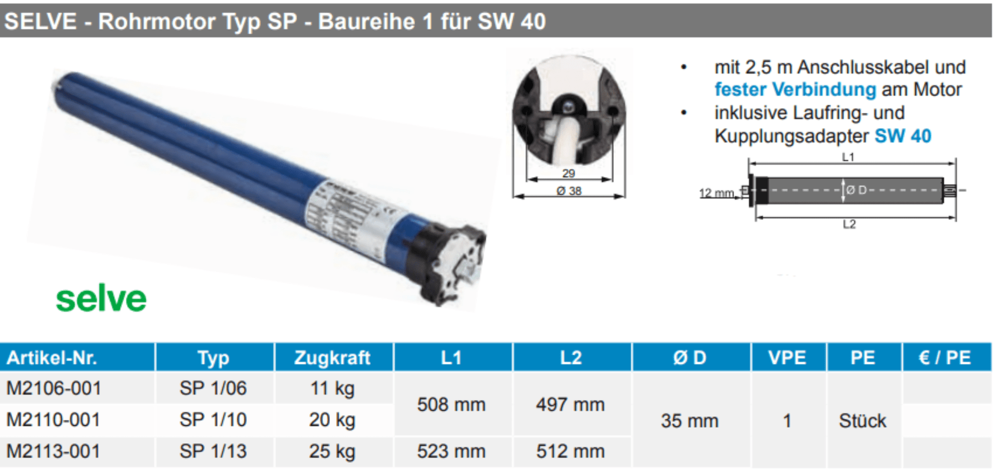 Selve Rohrmotor SP 1 (Mechanische Endschalter) Baureihe 1 (incl. Wellenadapter + Laufring SW 40) - Jalousiene Ersatzteile - Shop